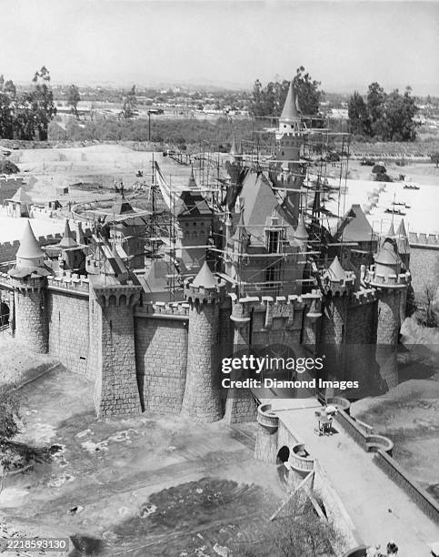 View of the construction of the Sleeping Beauty Castle at Disneyland in 1955 in Anaheim, California.