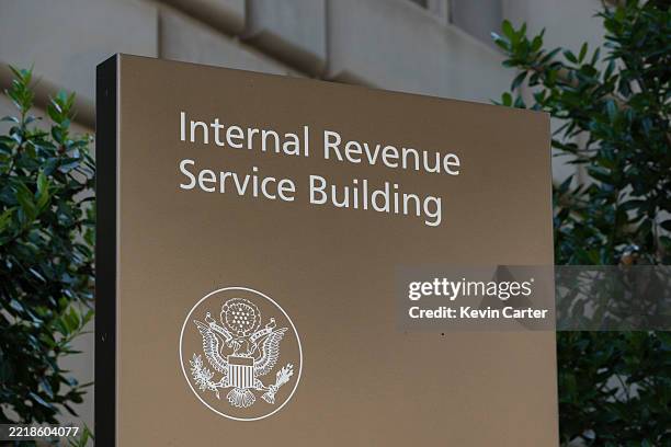 Sign is displayed outside of the Internal Revenue Service Building on June 7, 2025 in Washington, DC.