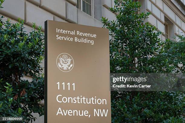 Sign is displayed outside of the Internal Revenue Service Building on June 7, 2025 in Washington, DC.