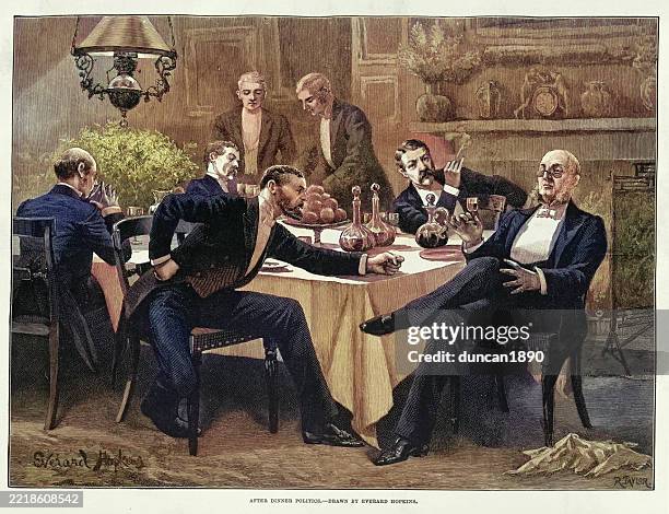 illustrations, cliparts, dessins animés et icônes de groupe de messieurs victoriens discutant de politique après le dîner, buvant du porto et du whisky, illustration vintage des années 1880 - repas entre amis