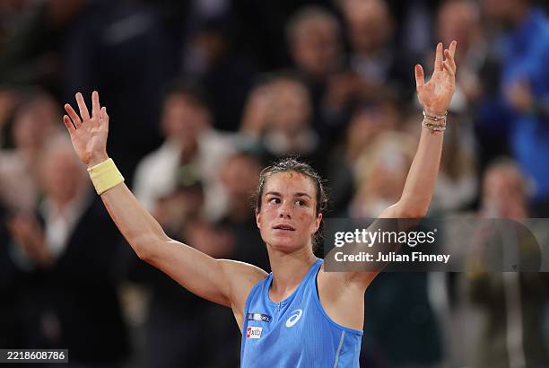 Lois Boisson of France celebrates her victory over Mirra Andreeva in the Women's Singles Quarter Final match on Day Eleven of the 2025 French Open at...