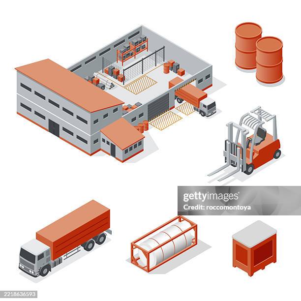 ilustraciones, imágenes clip art, dibujos animados e iconos de stock de artículos logísticos isométricos - almacén