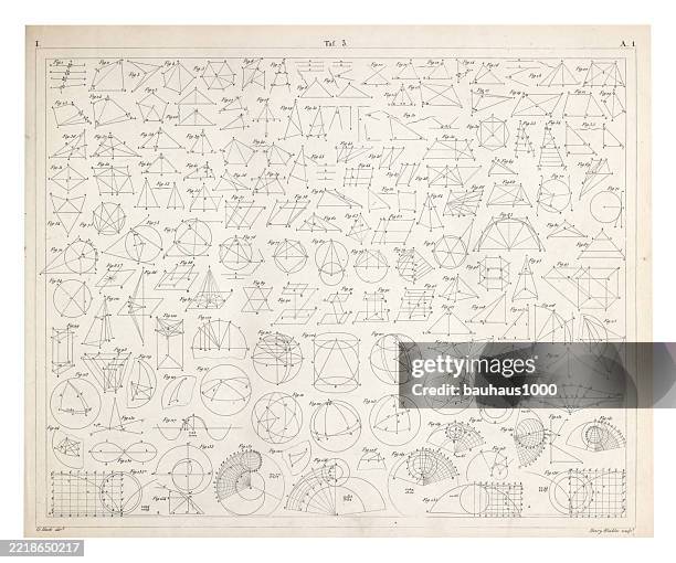 mathematical and geometrical problems engraving antique illustration, published 1851 - mathematical formula stock illustrations