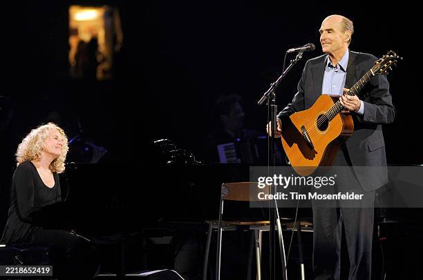 Carol King and James Taylor of Carol King & James Taylor perform during their Troubadour Reunion tour at HP Pavilion on May 11, 2010 in San Jose,...