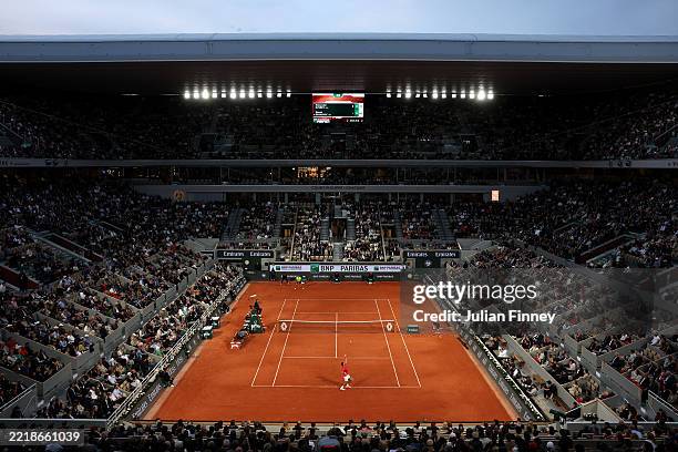 General view of Court Philippe-Chatrier during the Men's Singles Quarter Final match between Alexander Zverev of Germany and Novak Djokovic of Serbia...