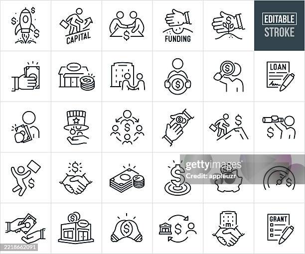 ilustraciones, imágenes clip art, dibujos animados e iconos de stock de financiación de pequeñas empresas y capital de riesgo iconos de línea fina - trazo editable - los iconos incluyen préstamo de pequeña empresa, préstamo de dinero, inversión, empresario, propietario de pequeña empresa, capitalista, banco, inversor, - beca