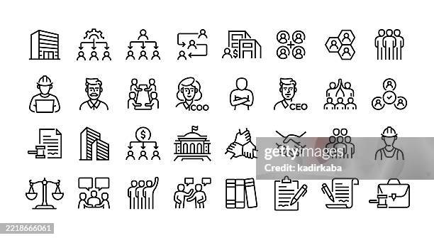 illustrazioni stock, clip art, cartoni animati e icone di tendenza di set di icone della linea della struttura aziendale. gruppo di oggetti. organizzazione, dipartimento, team, manager, gruppo, holding, collaborazione, partner, dipendente, incontro. - donna in carriera