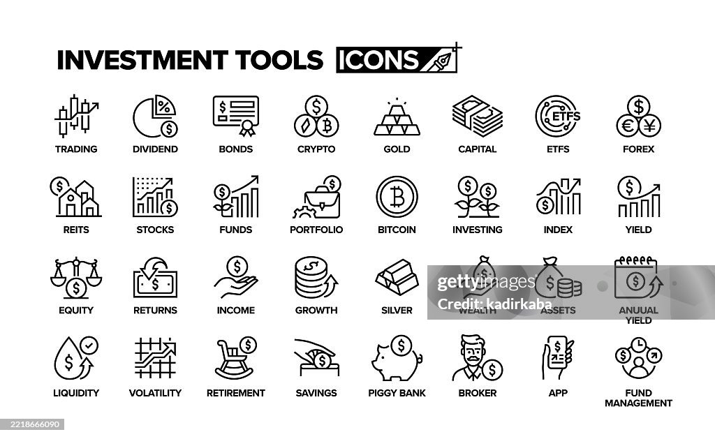 Investment tools line icon set. Group of object. Crypto, trading, dividend, bonds, gold, money, forex, funds, investment, income, wealth, saving, broker, fund management.