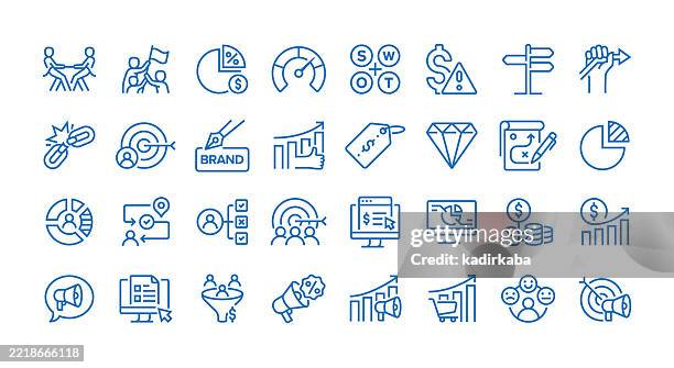 illustrazioni stock, clip art, cartoni animati e icone di tendenza di set di icone della linea di analisi competitiva. gruppo di oggetti. mercato, benchmark, brand, mercato di riferimento, segmentazione del mercato, segmentazione della clientela, promozione. - debolezza