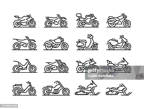 illustrazioni stock, clip art, cartoni animati e icone di tendenza di set di icone motociclette. gruppo di oggetti. mezzo di trasporto, veicolo a motore, motociclista, tipo di motore. - motocicletta