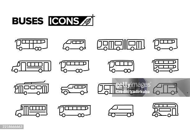 illustrations, cliparts, dessins animés et icônes de ensemble d’icônes de la ligne de bus. groupe d’objets. type d’autobus, trolleybus, navette, transport, voiture, autobus, ville, véhicule terrestre. - bus