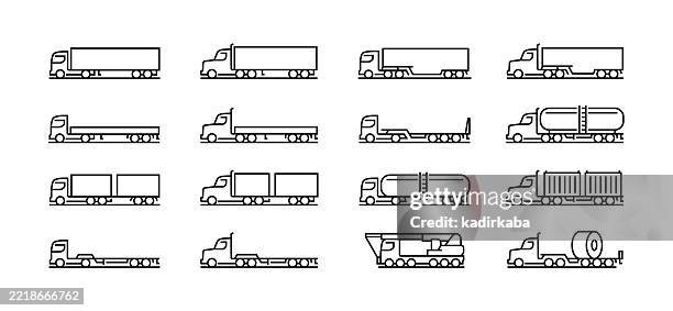 illustrazioni stock, clip art, cartoni animati e icone di tendenza di set di icone della linea dei camion. gruppo di oggetti. tipi di camion. - furgone pickup