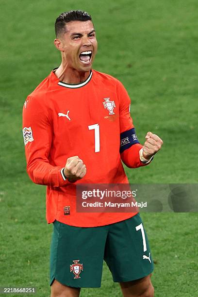 Cristiano Ronaldo of Portugal celebrates scoring his team's second goal during the UEFA Nations League 2025 semifinal match between Germany and...