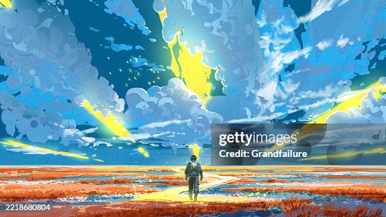 Lone Explorer Walks Toward Glowing Sky Rifts in Vast Sci-Fi Landscape Lone Explorer Walks Toward Glowing Sky Rifts in Vast Sci-Fi Landscape