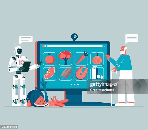 diet plan online - ai robot - elderly men - old man computer stock illustrations