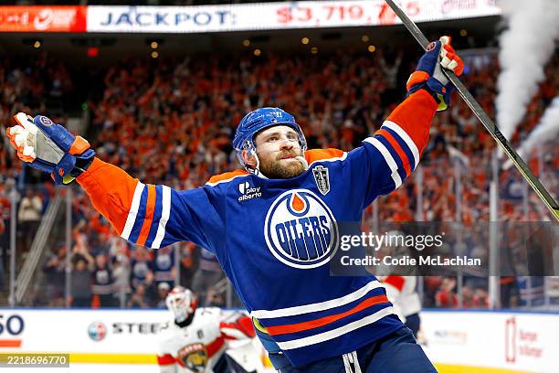Leon Draisaitl of the Edmonton Oilers celebrates after scoring the game-winning goal to beat the Florida Panthers 4-3 during overtime in Game One of...