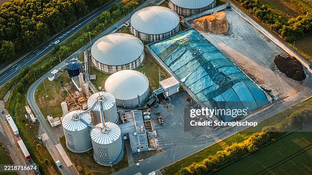 biogas plant facility - aerial view - renewable natural gas stock pictures, royalty-free photos & images