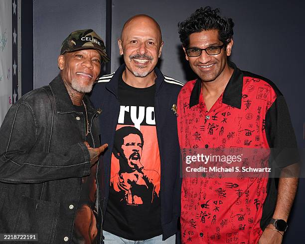 Comedians D.L. Hughley, Maz Jobrani and Jay Mandyam pose at The Ice House Comedy Club on June 04, 2025 in Pasadena, California.