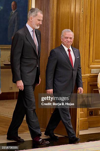 King Felipe VI of Spain receives to King Abdullah II Of Jordan at Zarzuela Palace on June 05, 2025 in Madrid, Spain.