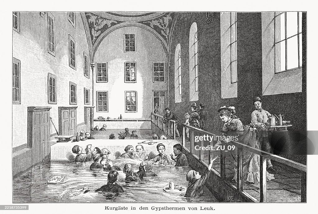 Spa guests in a thermal bath in Leuk (Leukerbad), Switzerland