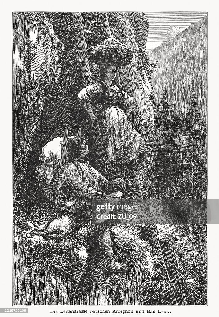 Ladder road from Arbignon to Leukerbad, Switzerland, woodcut, published 1876