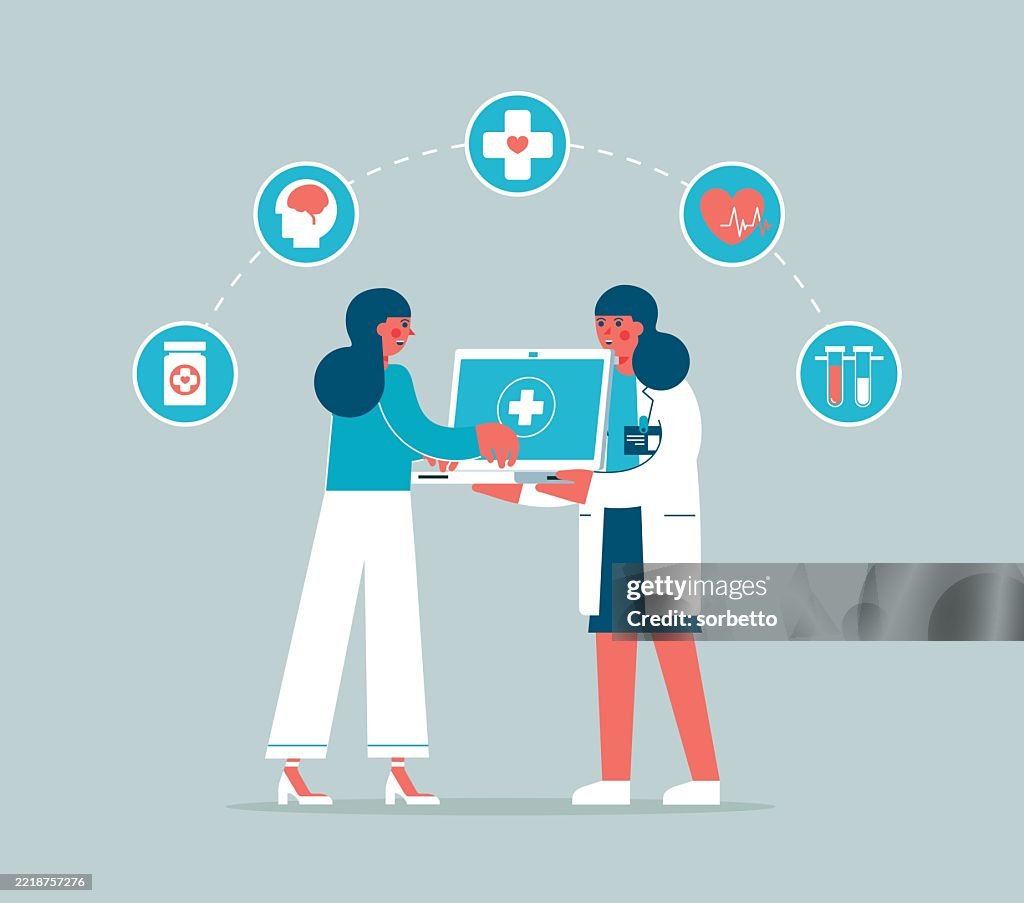 Health Services Graphics Healthcare Service Using Laptop Young Women High-Res Vector Graphic ...