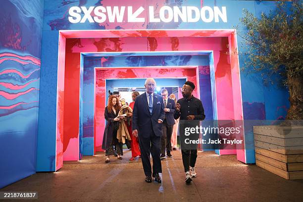 King Charles III views the immersive exhibition “Grounding” with Damien Roach on day four of SXSW London 2025 at the Truman Brewery on June 05, 2025...