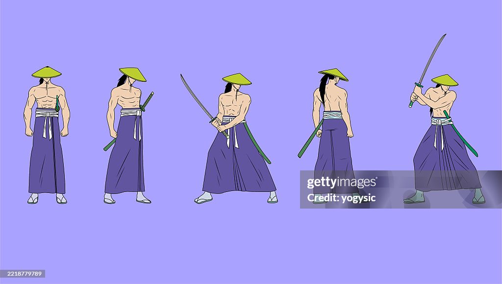 Vector Japanese Samurai Warrior Pose Set Stock Illustration High-Res ...