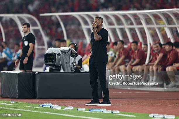 Indonesia Head Coach Patrick Kluivert reacts during the FIFA World Cup qualifier Asian third round Group C match between Indonesia and China at...
