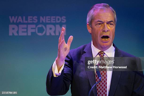 Leader of Reform UK Nigel Farage speaks at the Plaza on June 9, 2025 in Port Talbot, Wales. Reform UK Leader Nigel Farage is speaking to the press in...