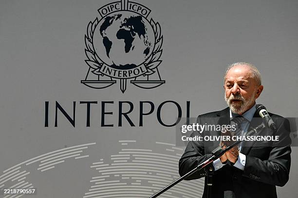 Brazil's President Luiz Inacio Lula da Silva delivers a speech during a visit at the International Criminal Police Organization Interpol headquarters...