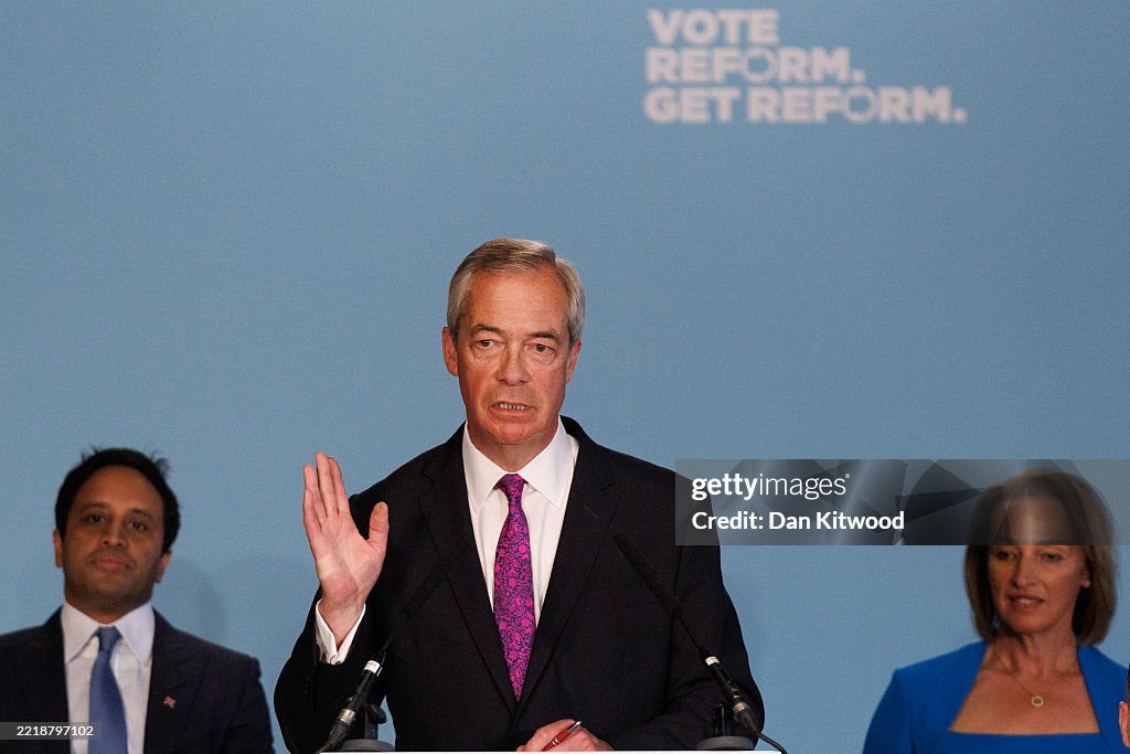 Reform UK Leader Nigel Farage Holds Press Conference In Westminster