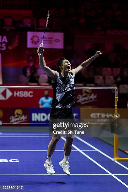 Chou Tien Chen of Chinese Taipei celebrates the victory in the Men's Singles Second Round match against Christo Popov of France during day three of...
