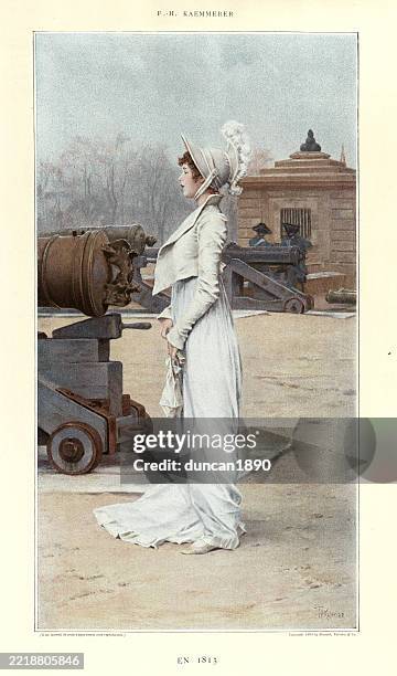 portrait of a young woman in white dress, standing by cannons, 1813 after frederik hendrik kaemmerer, victorian, 1890s, dutch, 19th century, vintage illustration - white dress stock illustrations