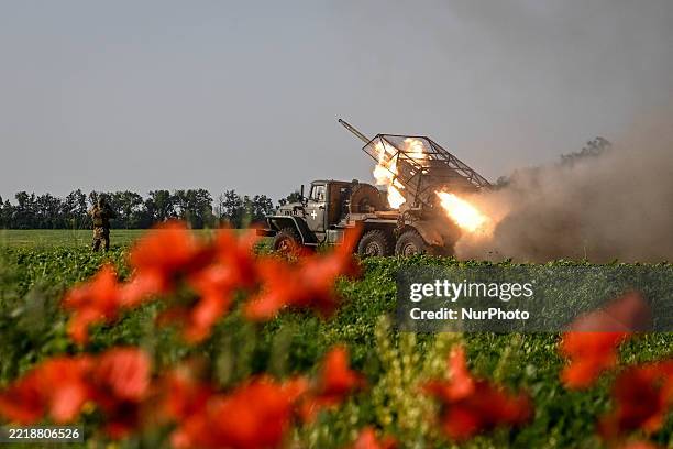 Soldiers of the rocket artillery battery of the 31st Separate Mechanized Brigade carry out a combat mission with a Grad MLR in the Velykomykhailivka...