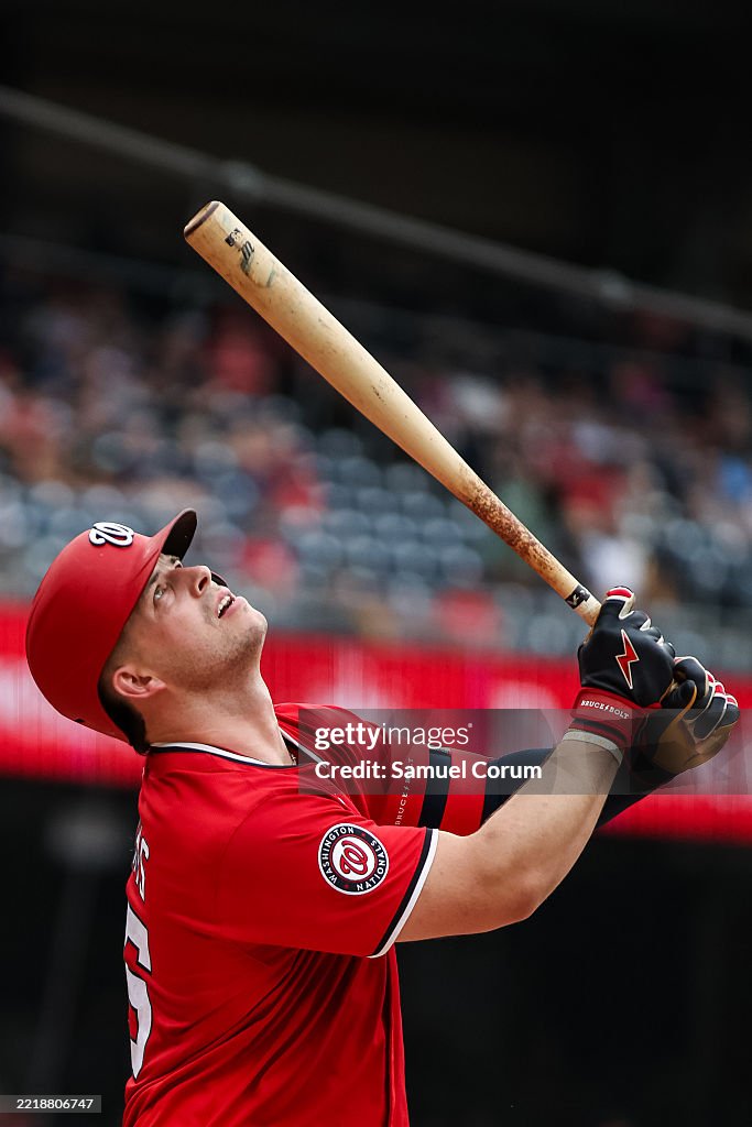 Nationals Riley Adams Riley Adams of the Washington Nationals hits a foul ball against the ...