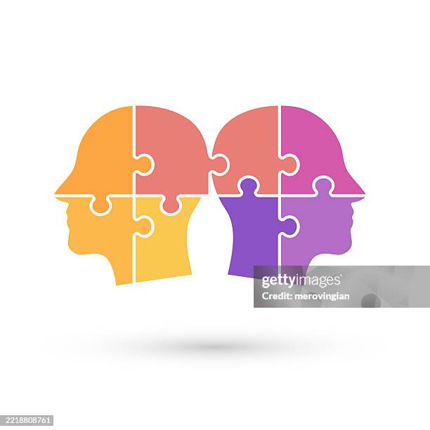 puzzle head silhouettes. unity, agreement, consensus and problem solving concepts - memory loss stock illustrations