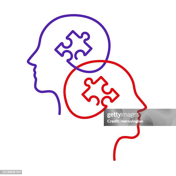 puzzle head silhouettes. unity, agreement, consensus and problem solving concepts - couple thinking stock illustrations