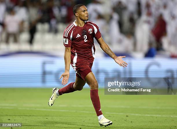 Pedro Miguel of Qatar celebrates scoring his team's first goal during the FIFA World Cup 2026 Qualifier match between Qatar and IR Iran at Jassim Bin...