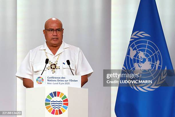 Tuvalu's Prime Minister Feleti Teo delivers remarks during the opening session of the third United Nations Oceans Conference in the French Riviera...