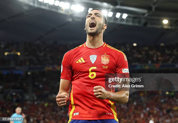 Mikel Merino of Spain celebrates scoring his team's second goal during the UEFA Nations League 2025 semifinal match between Spain and France at...
