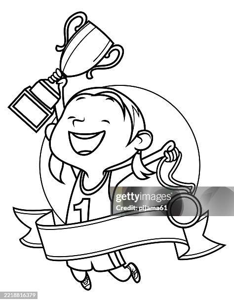 little kid celebrating championship win. - colouring stock illustrations