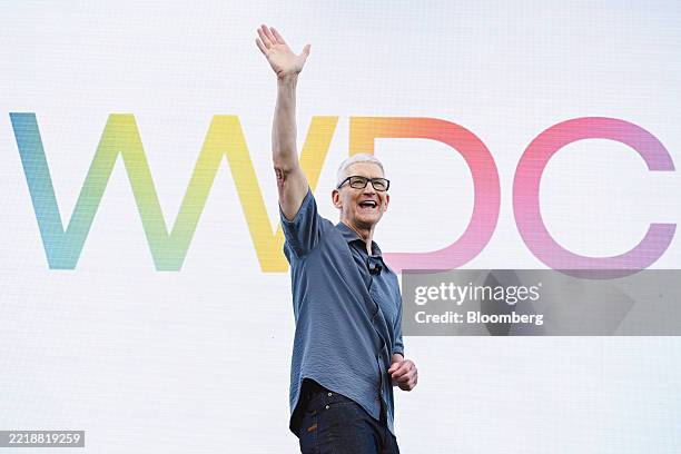 Tim Cook, chief executive officer of Apple Inc., during the Apple Worldwide Developers Conference at Apple Park campus in Cupertino, California, US,...