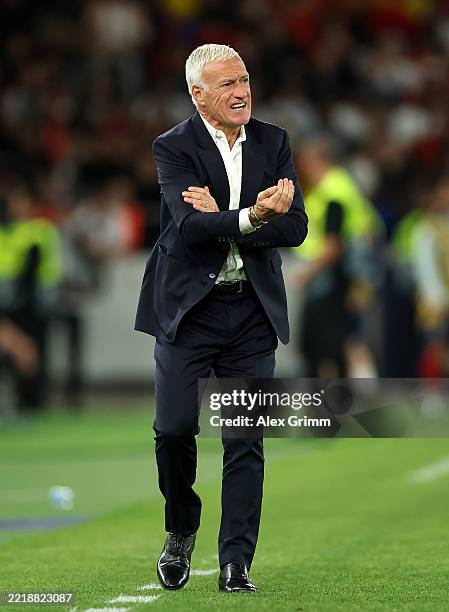 Didier Deschamps, Manager of France, reacts during the UEFA Nations League 2025 semifinal match between Spain and France at Stuttgart Arena on June...