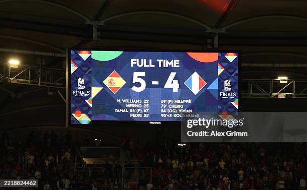 The LED board shows the full time score of 5-4 following the UEFA Nations League 2025 semifinal match between Spain and France at Stuttgart Arena on...