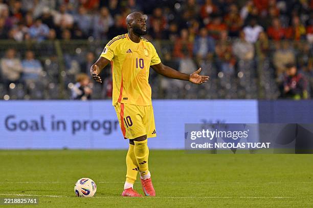 Belgium's forward Romelu Lukaku reacts after a goal was ruled out by VAR during the FIFA World Cup 2026 Group J European qualification football match...