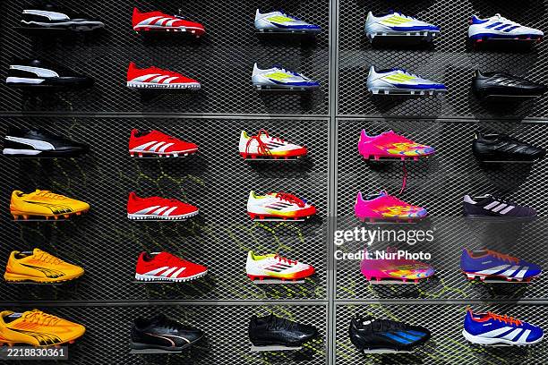 Football shoes are seen at the store in Krakow, Poland on June 9, 2025.