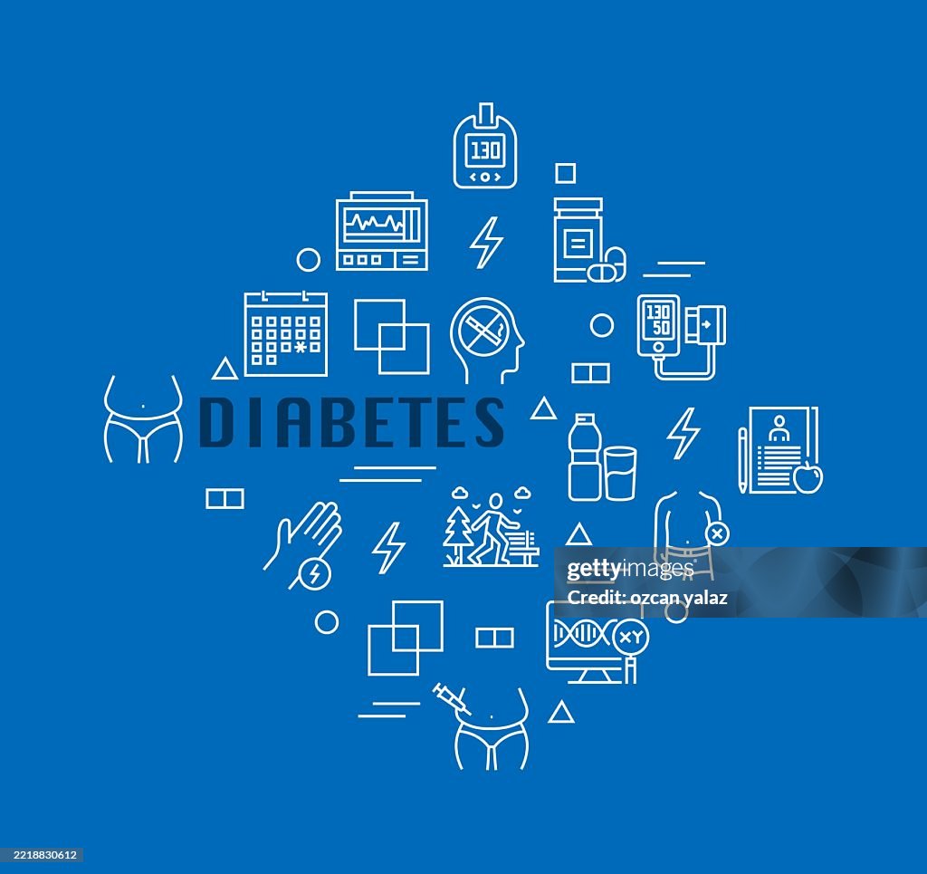 Diabetes Related Design with Line Icons. Simple Outline Symbol Icons.