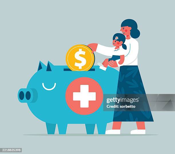 pension fund - mother and daughter - piggy bank - kid piggy bank stock illustrations