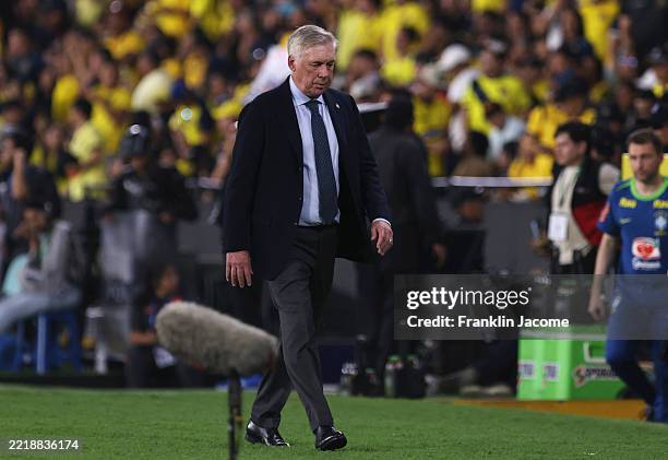 Carlo Ancelotti, Head Coach of Brazil reacts during the FIFA World Cup 2026 Qualifier match between Ecuador and Brazil at Estadio Monumental Isidro...